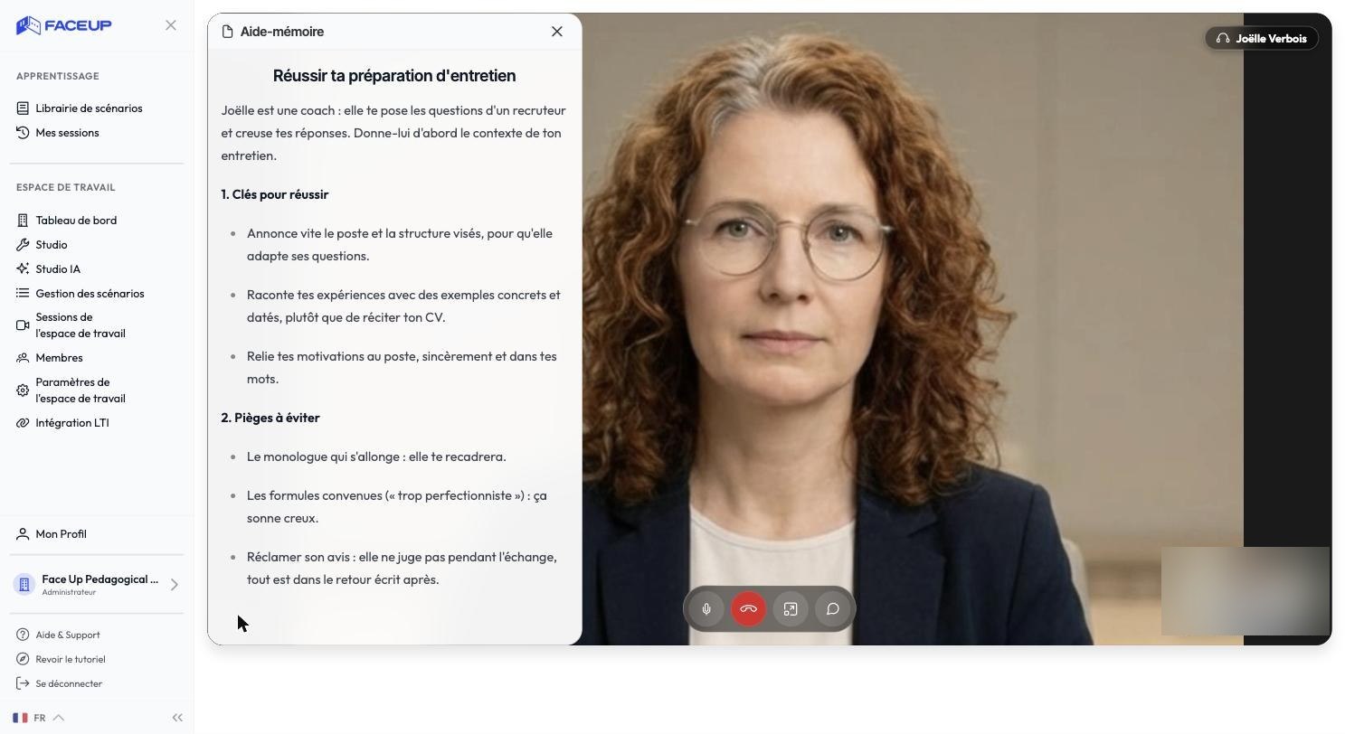 L’écran de conversation avec l’aide-mémoire ouvert