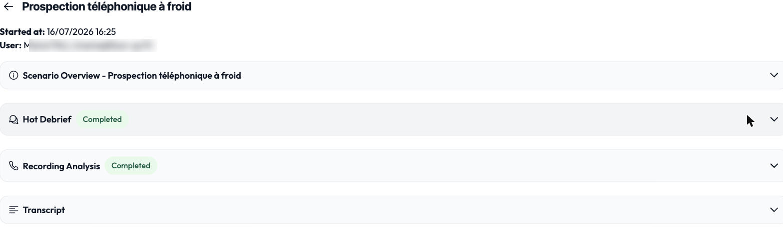 A session detail: debrief, recording analysis and transcript